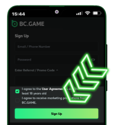 Agree T&C checkbox and Sign Up button in BC Game Android app.