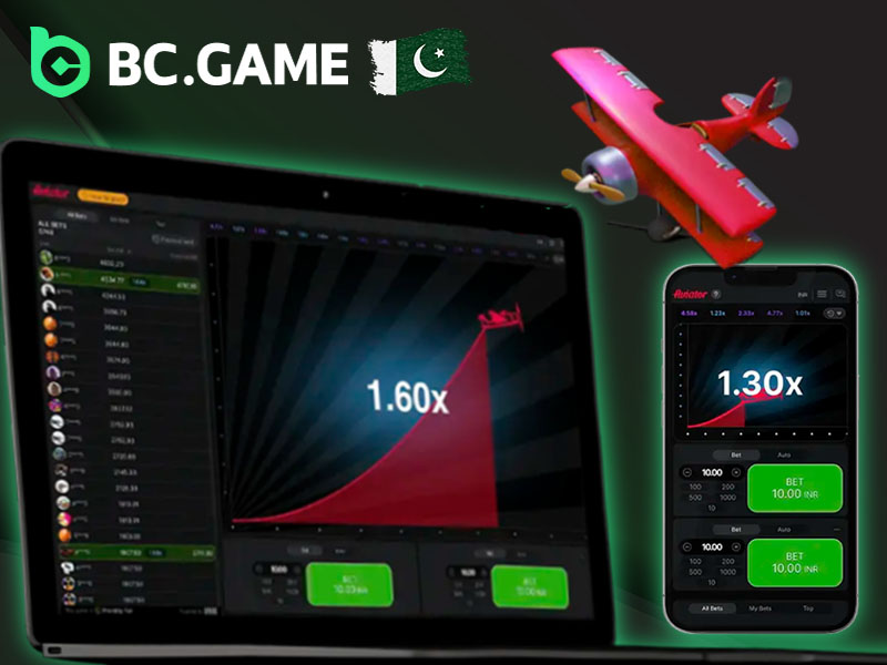Screenshots showing BC Game Aviator on desktop and mobile app