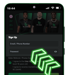 Enter email, phone, and password in BC Game Android app